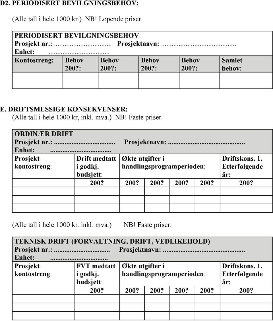 budsjett: Økte utgifter i handlingsprogramperioden: Driftskons. 1. Etterfølgende år: 200? 200? 200? 200? 200? 200? (Alle tall i hele 1000 kr. inkl. mva.) NB! Faste priser.