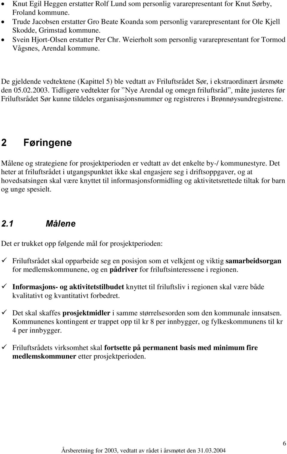 Weierholt som personlig vararepresentant for Tormod Vågsnes, Arendal kommune. De gjeldende vedtektene (Kapittel 5) ble vedtatt av Friluftsrådet Sør, i ekstraordinært årsmøte den 05.02.2003.