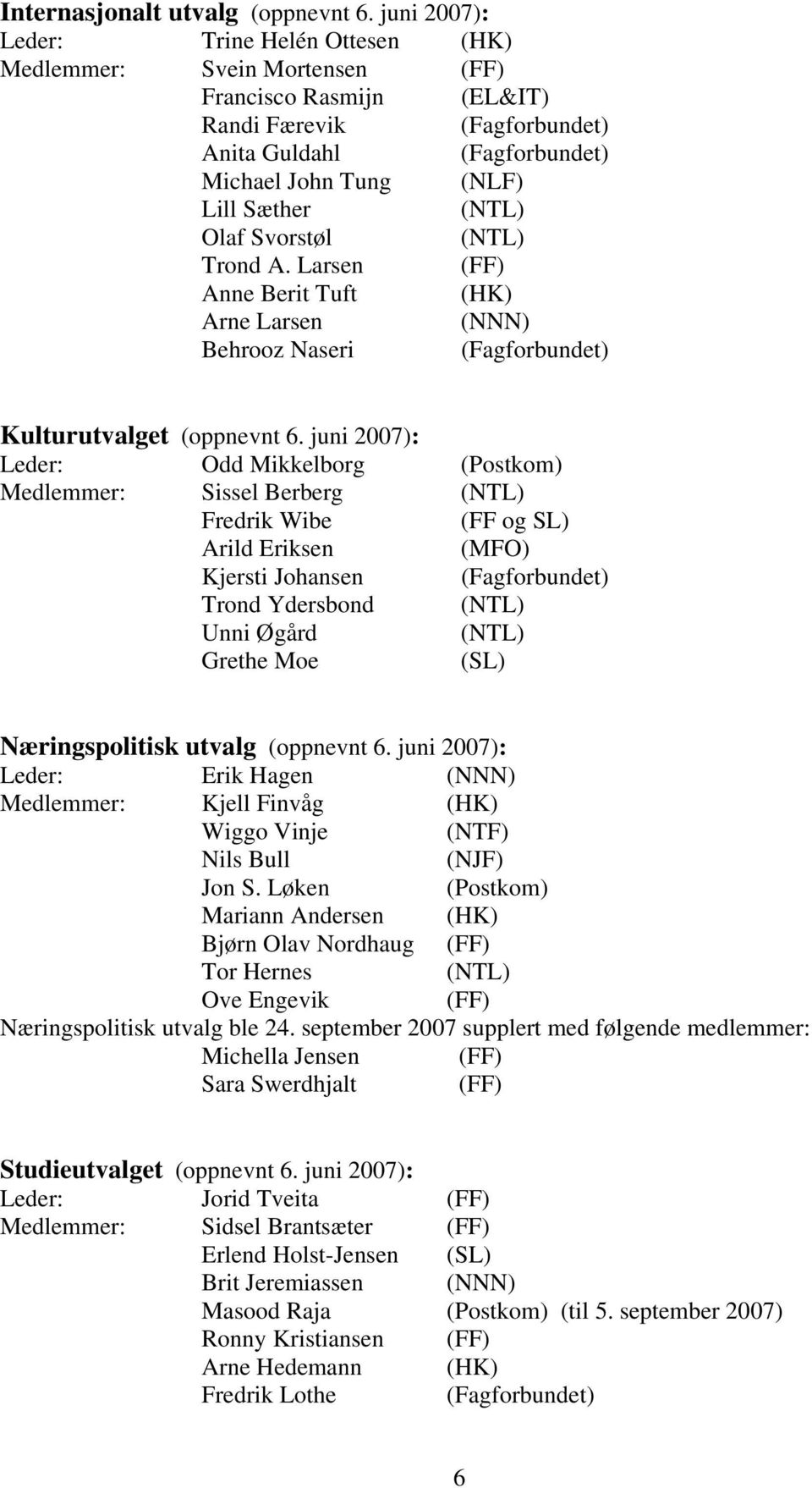 (NTL) Olaf Svorstøl (NTL) Trond A. Larsen (FF) Anne Berit Tuft (HK) Arne Larsen (NNN) Behrooz Naseri (Fagforbundet) Kulturutvalget (oppnevnt 6.