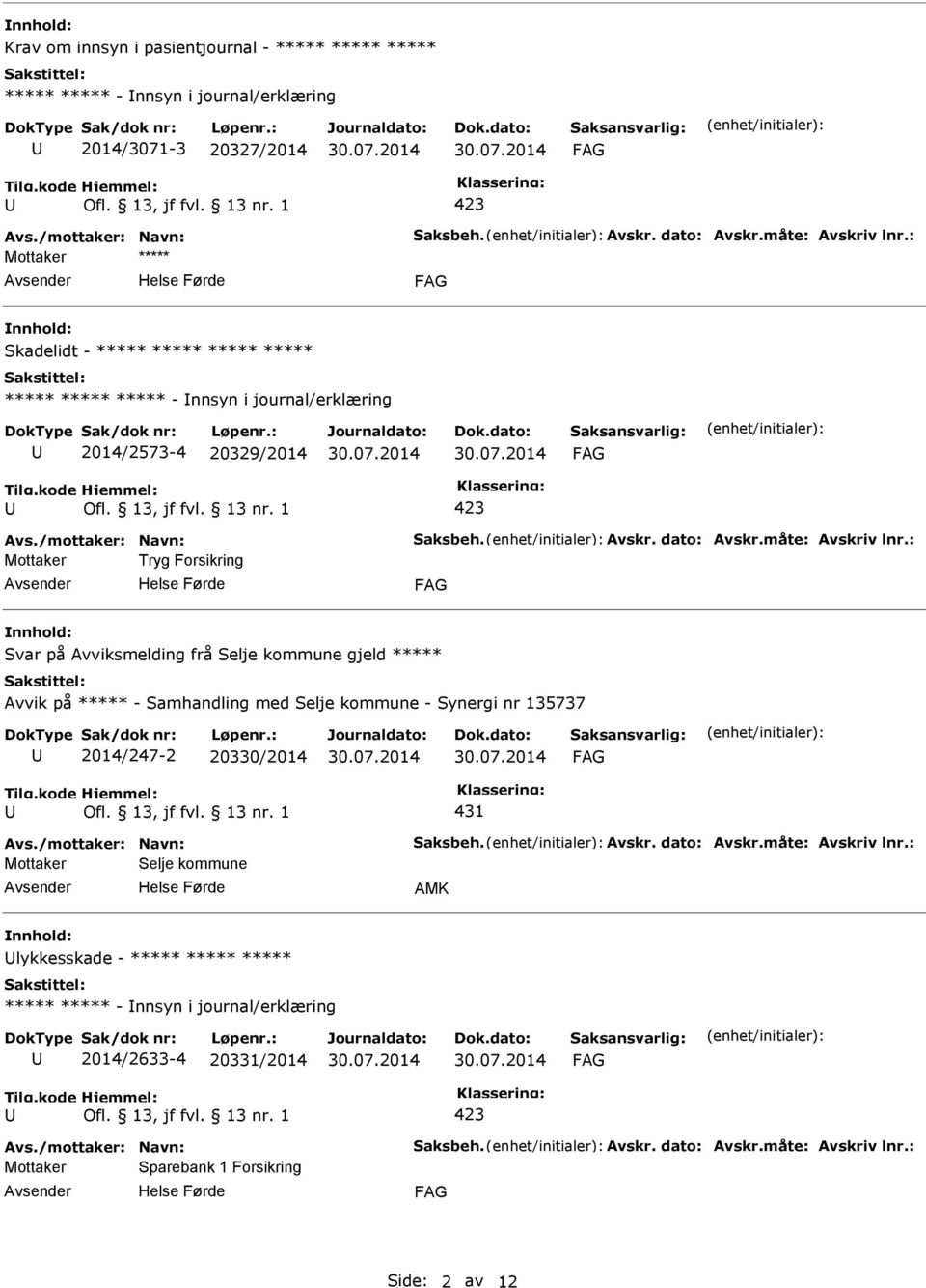 : Mottaker Tryg Forsikring Svar på Avviksmelding frå Selje kommune gjeld ***** Avvik på ***** - Samhandling med Selje kommune - Synergi nr 135737 2014/247-2 20330/2014 431 Avs.