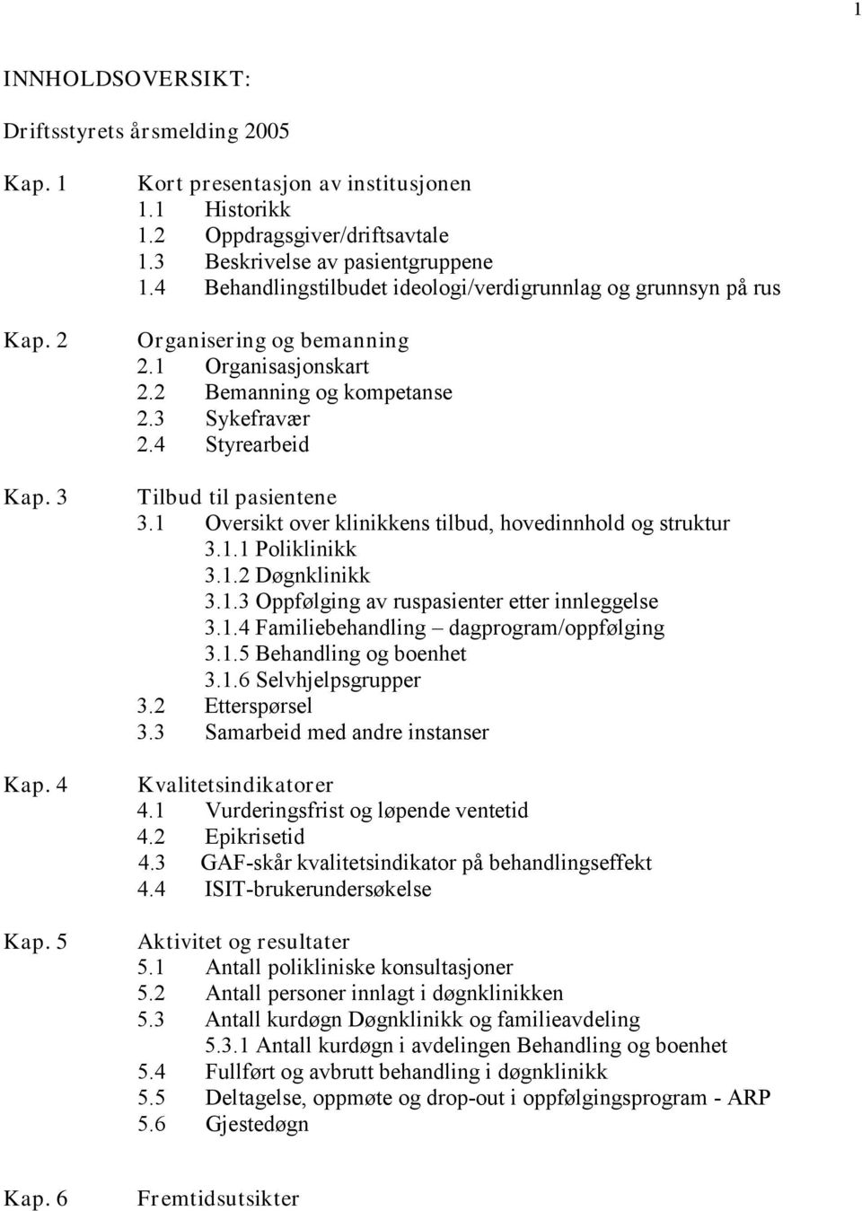 4 Styrearbeid Tilbud til pasientene 3.1 Oversikt over klinikkens tilbud, hovedinnhold og struktur 3.1.1 Poliklinikk 3.1.2 Døgnklinikk 3.1.3 Oppfølging av ruspasienter etter innleggelse 3.1.4 Familiebehandling dagprogram/oppfølging 3.