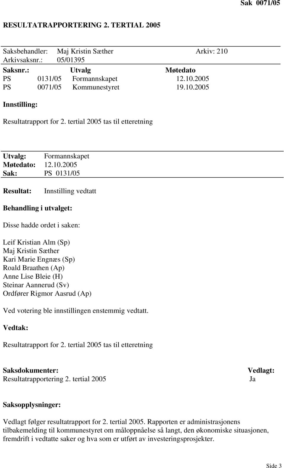 hadde ordet i saken: Leif Kristian Alm (Sp) Maj Kristin Sæther Kari Marie Engnæs (Sp) Roald Braathen (Ap) Anne Lise Bleie (H) Steinar Aannerud (Sv) Ordfører Rigmor Aasrud (Ap) Ved votering ble