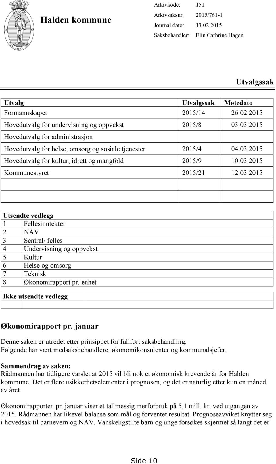 enhet Ikke utsendte vedlegg Økonomirapport pr. januar Denne saken er utredet etter prinsippet for fullført saksbehandling. Følgende har vært medsaksbehandlere: økonomikonsulenter og kommunalsjefer.