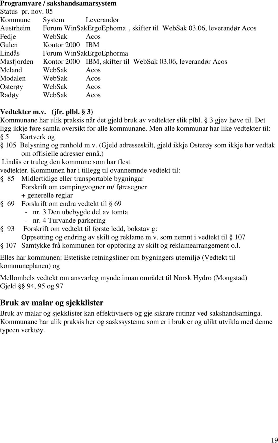 06, leverandør Acos Meland WebSak Acos Modalen WebSak Acos Osterøy WebSak Acos Radøy WebSak Acos Vedtekter m.v. (jfr. plbl. 3) Kommunane har ulik praksis når det gjeld bruk av vedtekter slik plbl.