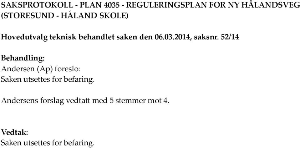 52/14 Behandling: Andersen (Ap) foreslo: Saken utsettes for befaring.