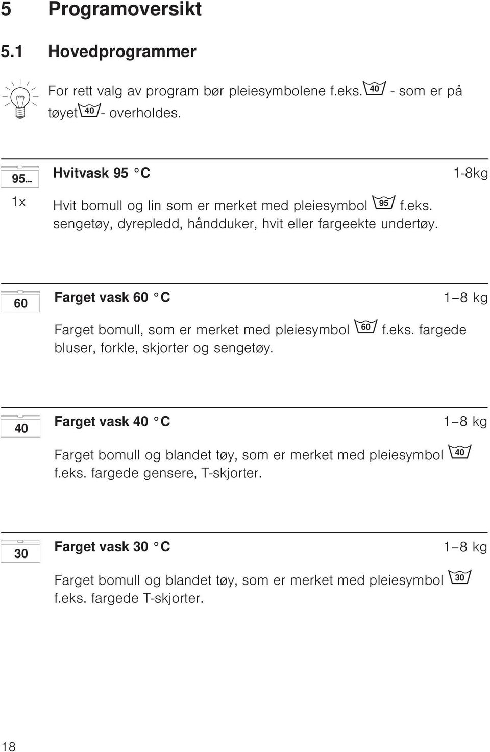 60 Farget vask 60 C 1 8 kg Farget bomull, som er merket med pleiesymbol 60 f.eks. fargede bluser, forkle, skjorter og sengetøy.