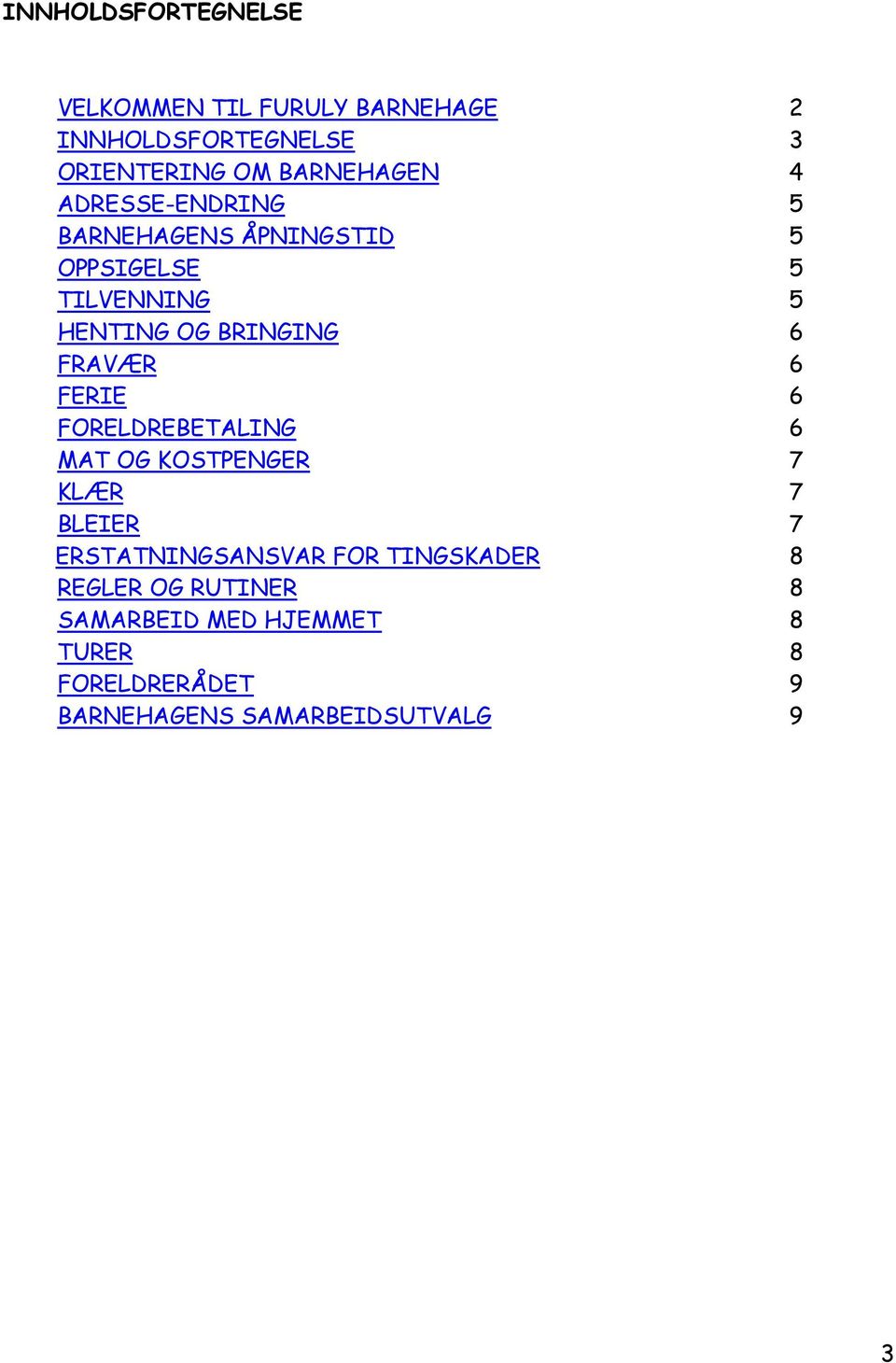 6 FERIE 6 FORELDREBETALING 6 MAT OG KOSTPENGER 7 KLÆR 7 BLEIER 7 ERSTATNINGSANSVAR FOR TINGSKADER 8