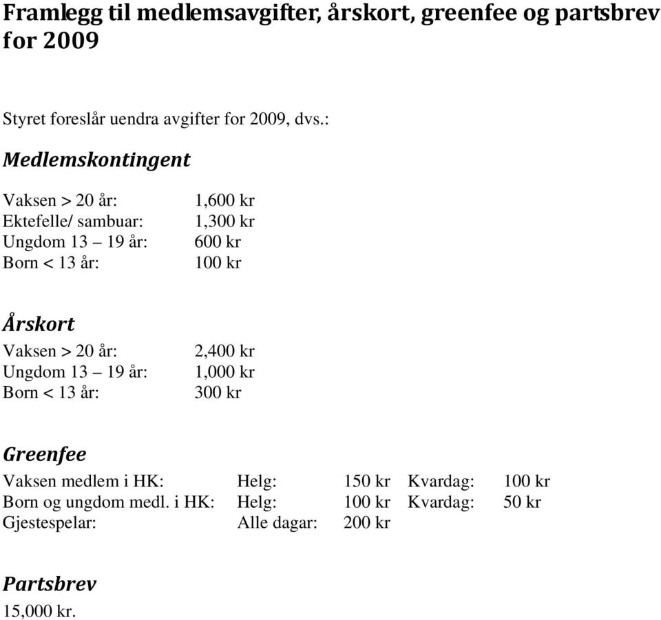 Årskort Vaksen > 20 år: Ungdom 13 19 år: Born < 13 år: 2,400 kr 1,000 kr 300 kr Greenfee Vaksen medlem i HK: Helg: 150