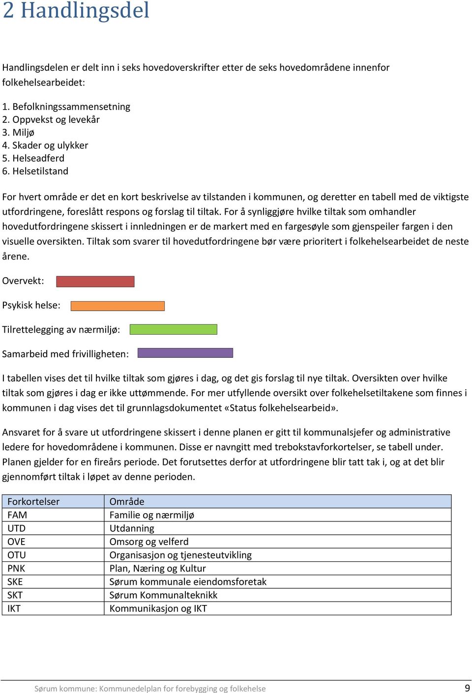 Helsetilstand For hvert område er det en kort beskrivelse av tilstanden i kommunen, og deretter en tabell med de viktigste utfordringene, foreslått respons og forslag til tiltak.