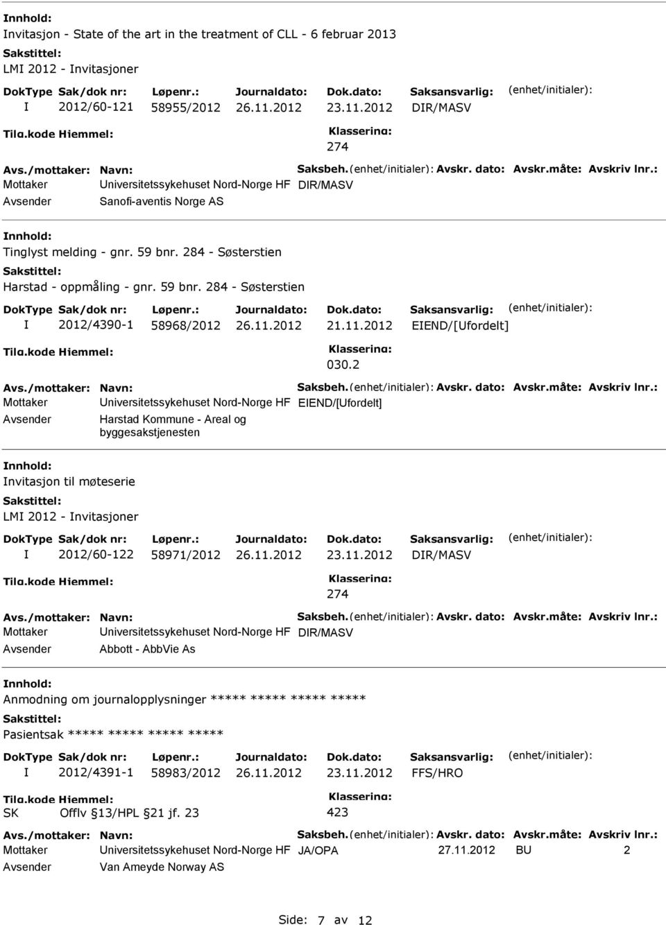 11.2012 030.2 EEND/[fordelt] Avs./mottaker: Navn: Saksbeh. Avskr. dato: Avskr.måte: Avskriv lnr.