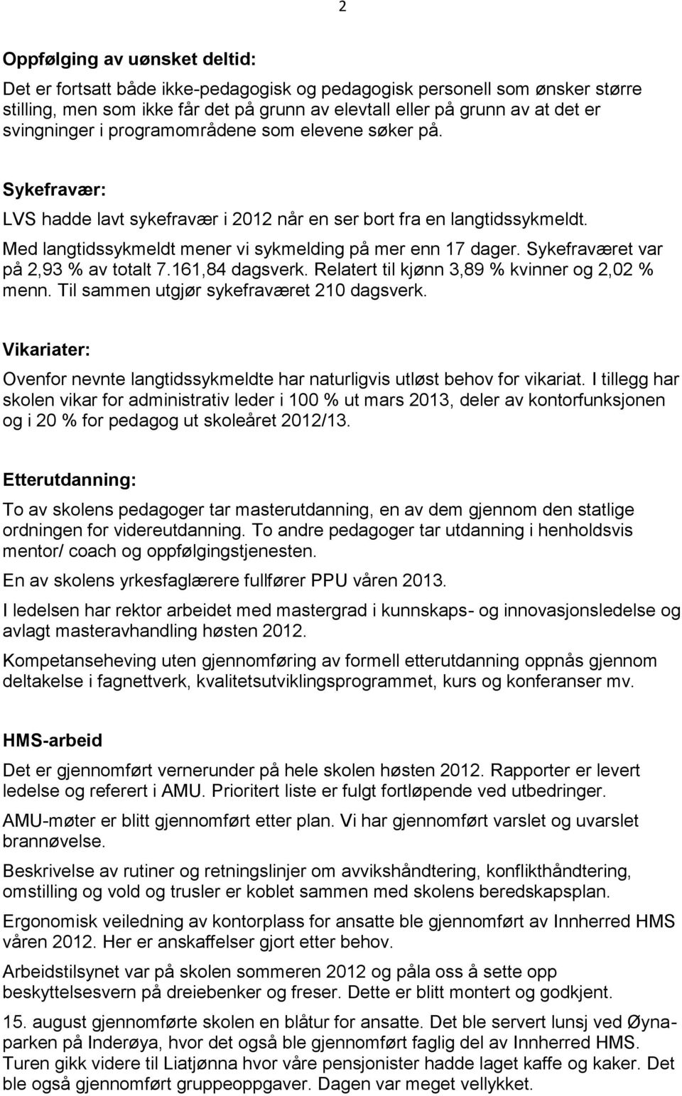 Sykefraværet var på 2,93 % av totalt 7.161,84 dagsverk. Relatert til kjønn 3,89 % kvinner og 2,02 % menn. Til sammen utgjør sykefraværet 210 dagsverk.