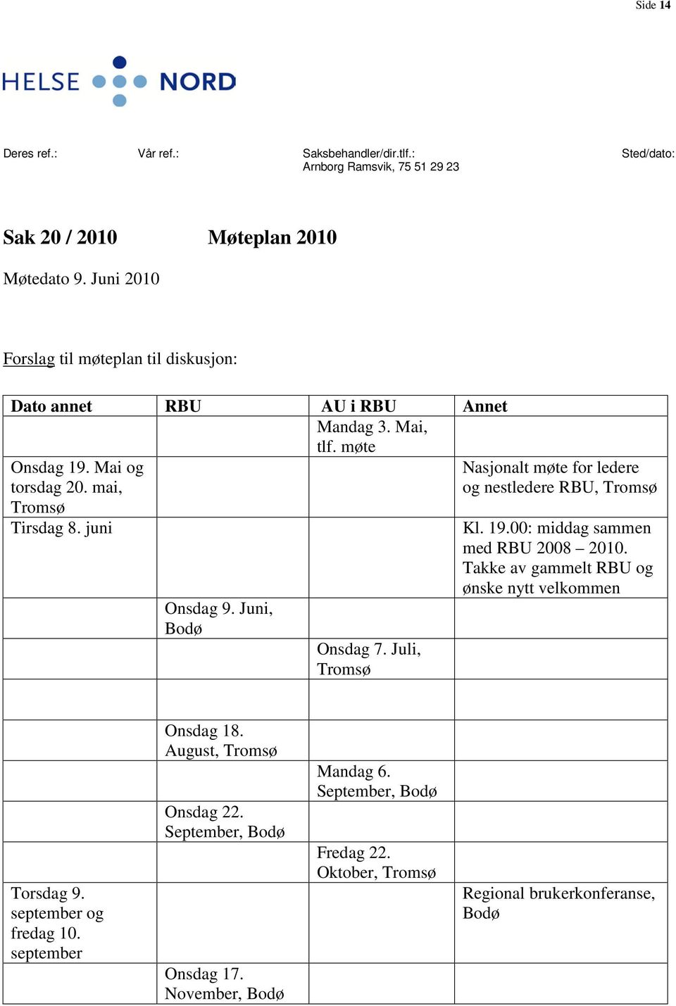 Juni, Bodø Onsdag 7. Juli, Tromsø Nasjonalt møte for ledere og nestledere RBU, Tromsø Kl. 19.00: middag sammen med RBU 2008 2010.