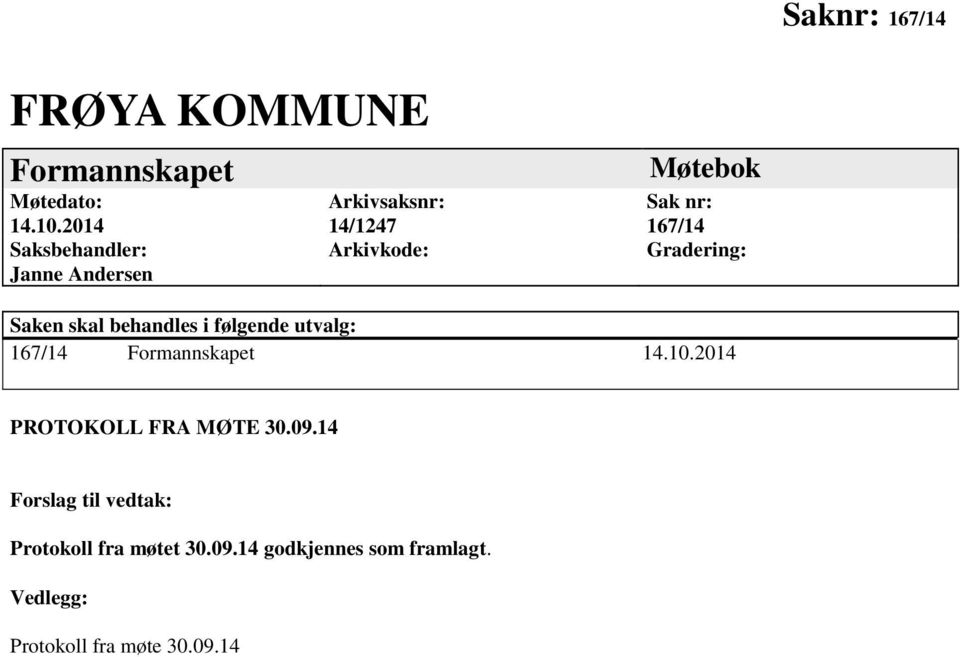 Gradering: Saken skal behandles i følgende utvalg: 167/14 Formannskapet 14.10.