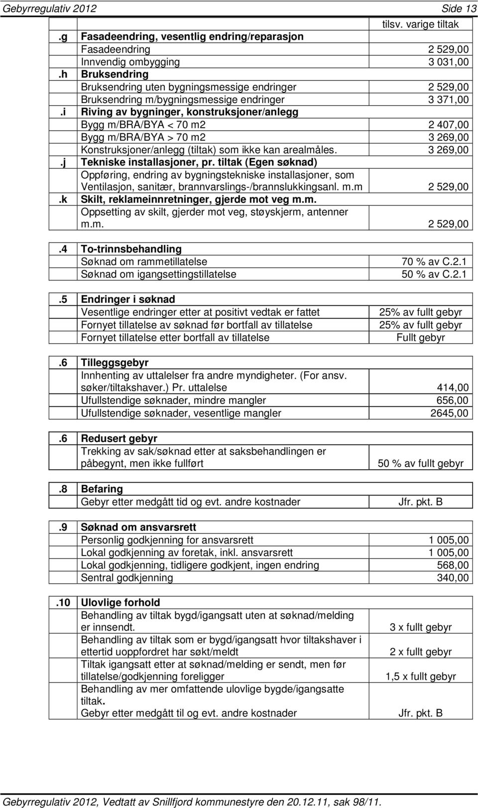 i Riving av bygninger, konstruksjoner/anlegg Bygg m/bra/bya < 70 m2 2 407,00 Bygg m/bra/bya > 70 m2 3 269,00 Konstruksjoner/anlegg (tiltak) som ikke kan arealmåles. 3 269,00.j Tekniske installasjoner, pr.