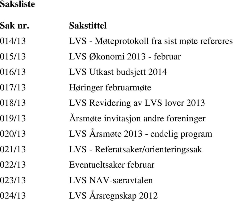 LVS Utkast budsjett 2014 017/13 Høringer februarmøte 018/13 LVS Revidering av LVS lover 2013 019/13