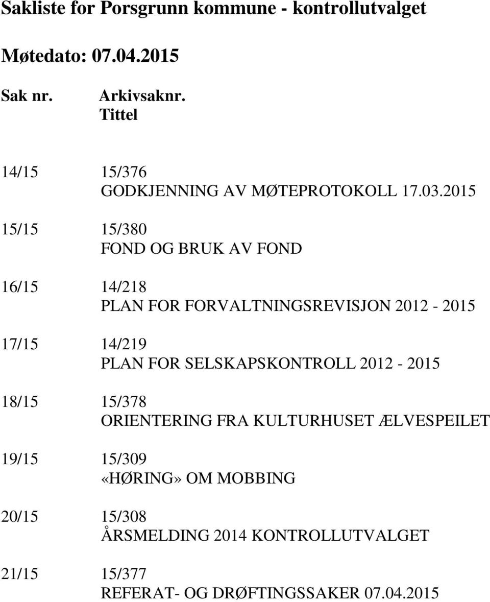 2015 15/15 15/380 FOND OG BRUK AV FOND 16/15 14/218 PLAN FOR FORVALTNINGSREVISJON 2012-2015 17/15 14/219 PLAN