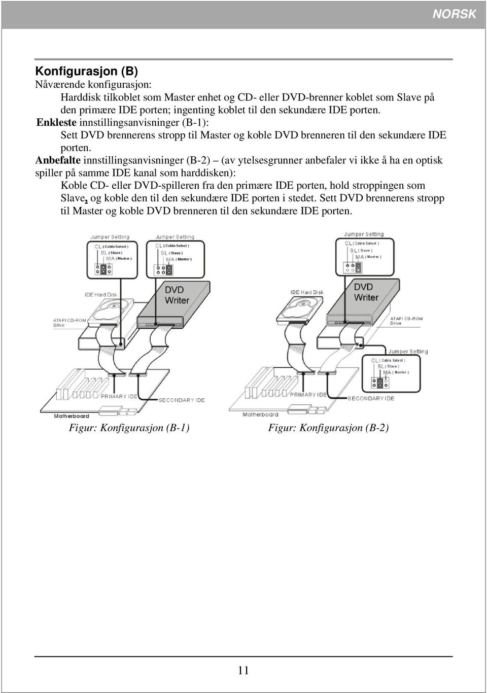 Anbefalte innstillingsanvisninger (B-2) (av ytelsesgrunner anbefaler vi ikke å ha en optisk spiller på samme IDE kanal som harddisken): Koble CD- eller DVD-spilleren fra den primære IDE