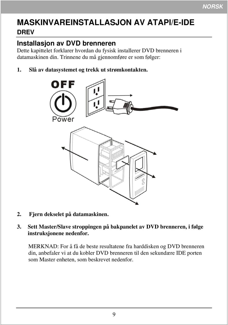 Fjern dekselet på datamaskinen. 3. Sett Master/Slave stroppingen på bakpanelet av DVD brenneren, i følge instruksjonene nedenfor.