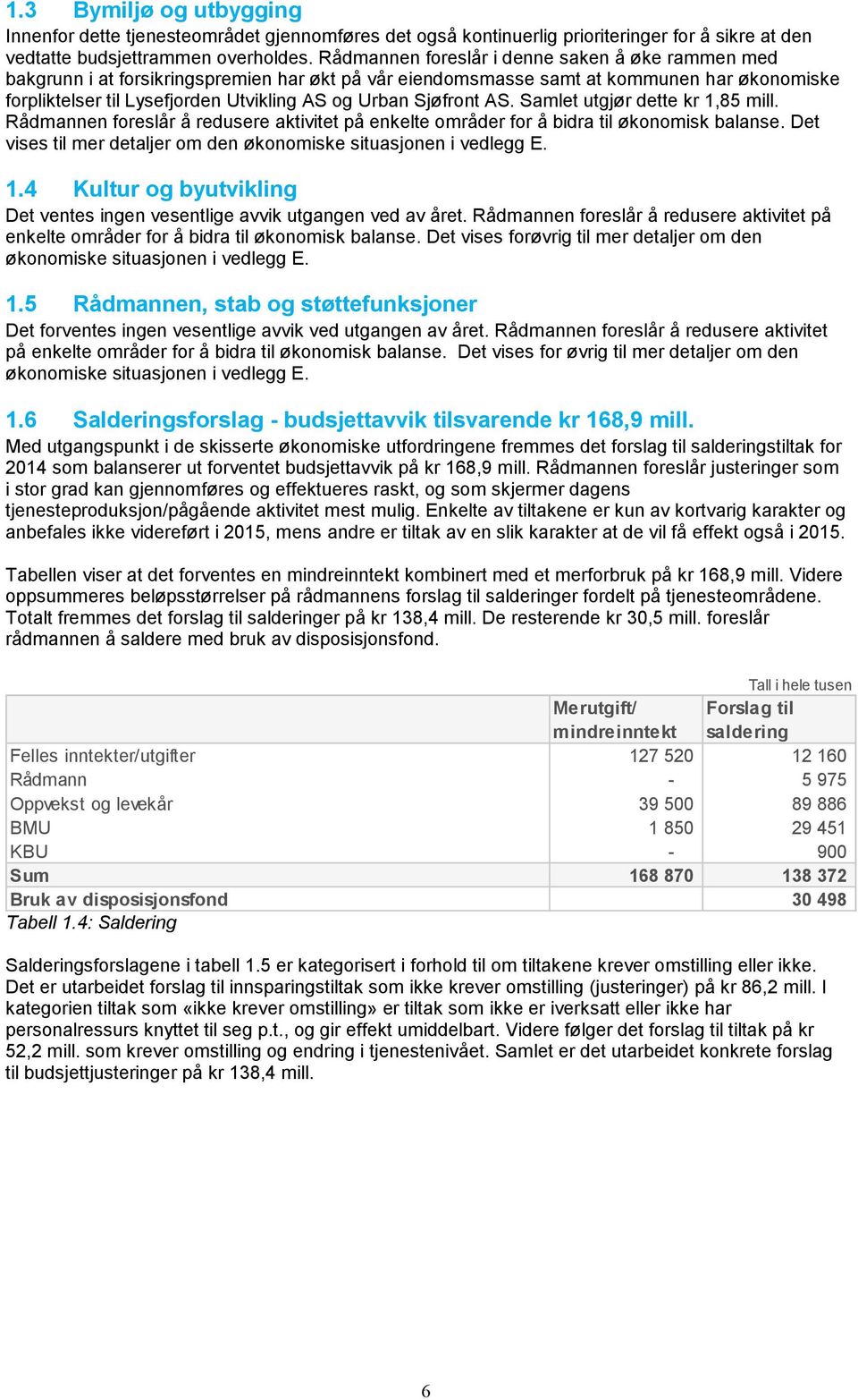 Sjøfront AS. Samlet utgjør dette kr 1,85 mill. Rådmannen foreslår å redusere aktivitet på enkelte områder for å bidra til økonomisk balanse.