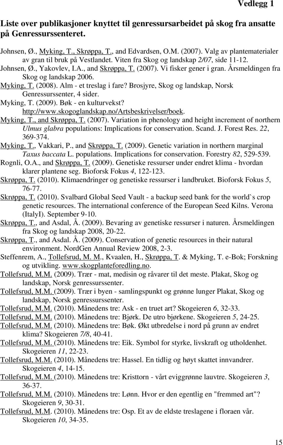 Årsmeldingen fra Skog og landskap 2006. Myking, T. (2008). Alm - et treslag i fare? Brosjyre, Skog og landskap, Norsk Genressurssenter, 4 sider. Myking, T. (2009). Bøk - en kulturvekst? http://www.