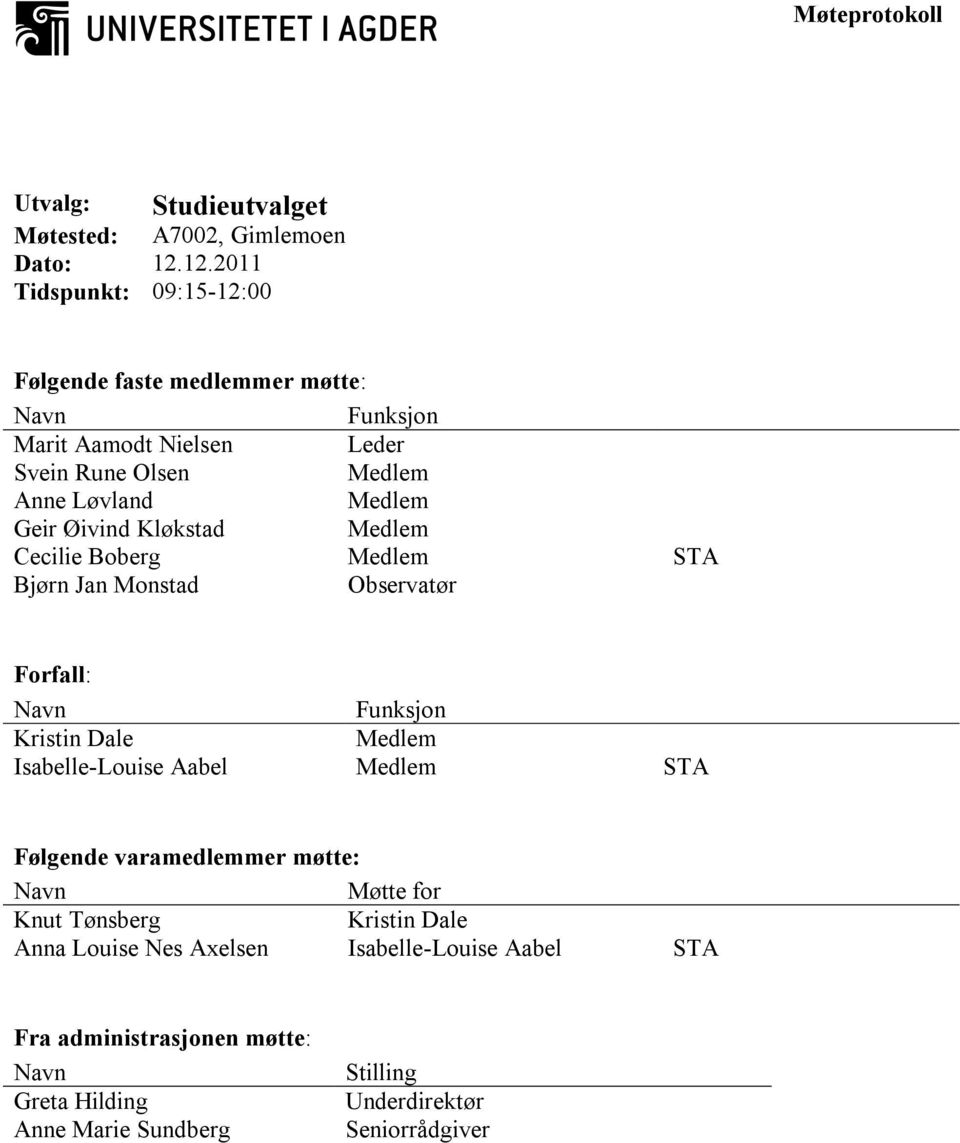 Geir Øivind Kløkstad Medlem Cecilie Boberg Medlem STA Bjørn Jan Monstad Observatør Forfall: Navn Funksjon Kristin Dale Medlem Isabelle-Louise Aabel