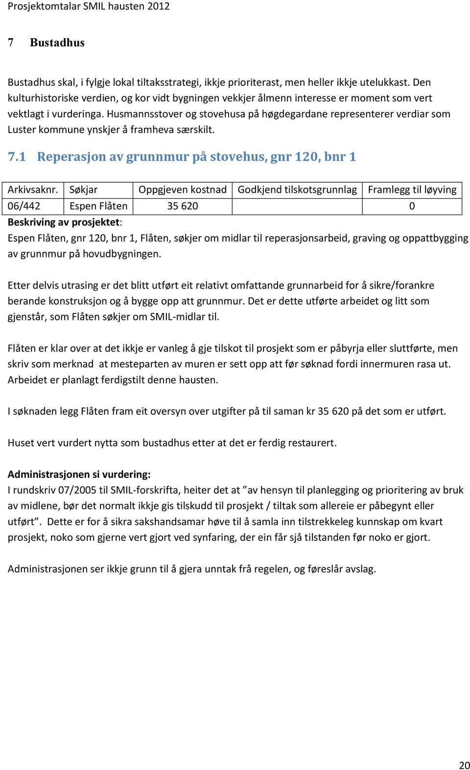 Husmannsstover og stovehusa på høgdegardane representerer verdiar som Luster kommune ynskjer å framheva særskilt. 7.1 Reperasjon av grunnmur på stovehus, gnr 120, bnr 1 Arkivsaknr.