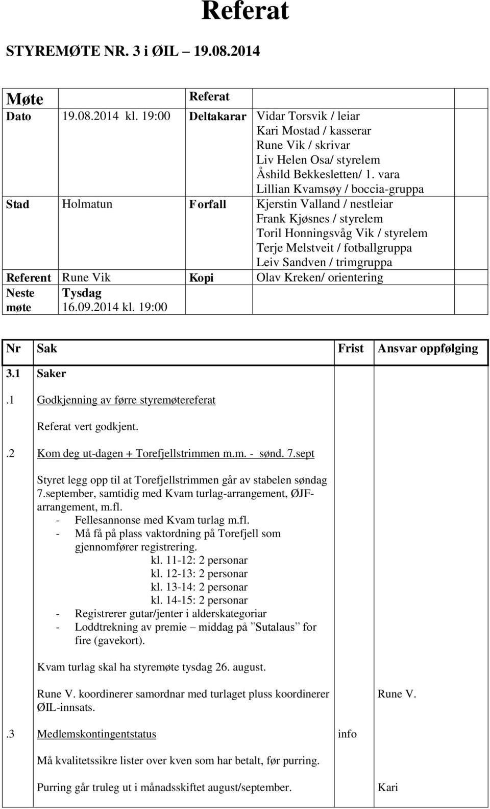 trimgruppa Referent Rune Vik Kopi Olav Kreken/ orientering Neste møte Tysdag 16.09.2014 kl. 19:00 Nr Sak Frist Ansvar oppfølging 3 Saker Godkjenning av førre styremøtereferat Referat vert godkjent.