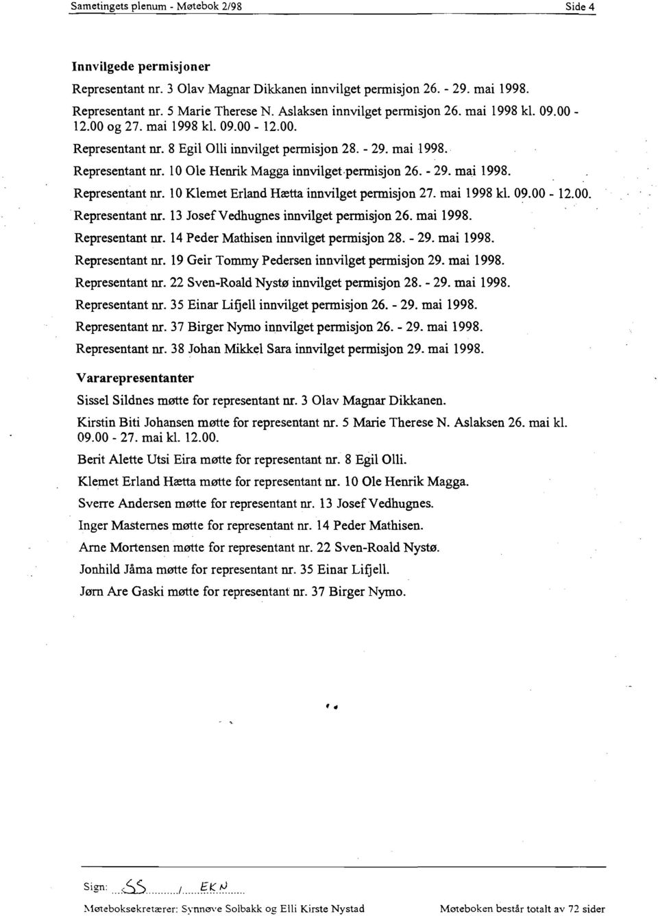 permisjon 26. - 29. mai 1998. Representant nr. 10 Klemet Erland Hætta innvilget permisjon 27. mai 1998 kl 09.00-12.00.. Representant nr. 13 JosefVedhugnes innvilget permisjon 26. mai 1998. Representant nr. 14 Peder Mathisen innvilget permisjon 28.