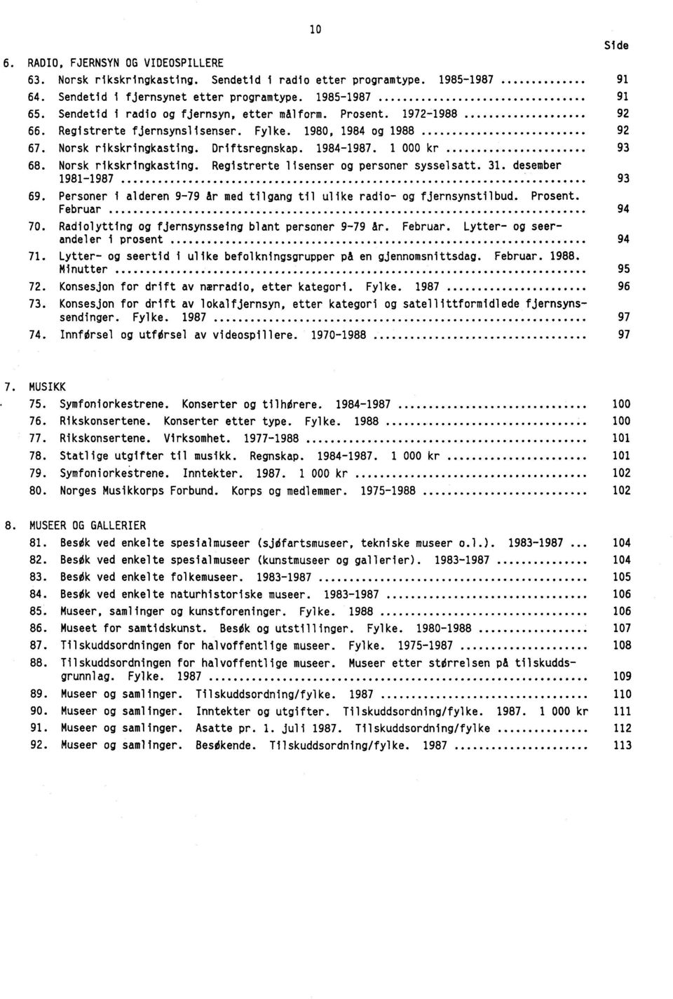 1 000 kr 93 68. Norsk rikskringkasting. Registrerte lisenser og personer sysselsatt. 31. desember 1981-1987 93 69. Personer i alderen 9-79 år med tilgang til ulike radio- og fjernsynstilbud. Prosent.