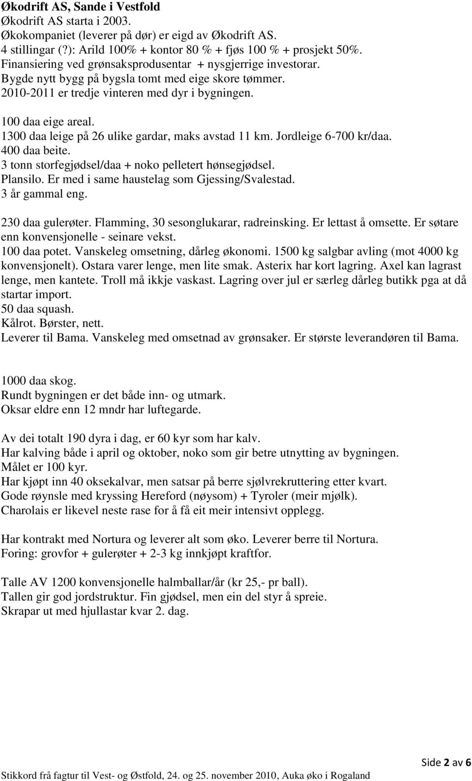 1300 daa leige på 26 ulike gardar, maks avstad 11 km. Jordleige 6-700 kr/daa. 400 daa beite. 3 tonn storfegjødsel/daa + noko pelletert hønsegjødsel. Plansilo.