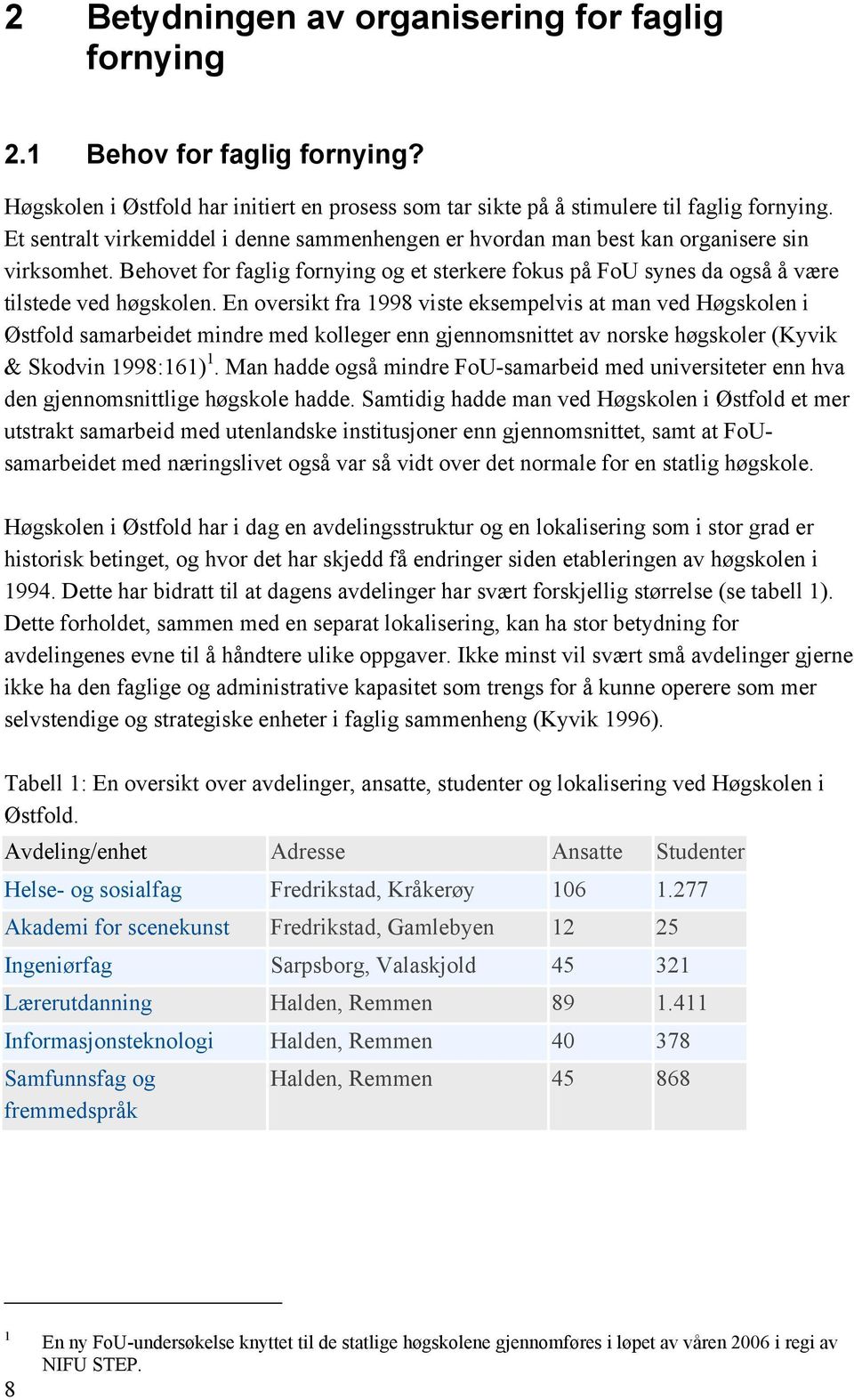 En oversikt fra 1998 viste eksempelvis at man ved Høgskolen i Østfold samarbeidet mindre med kolleger enn gjennomsnittet av norske høgskoler (Kyvik & Skodvin 1998:161) 1.