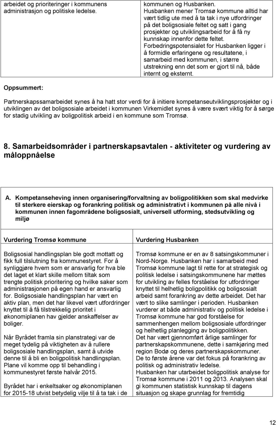 feltet. Forbedringspotensialet for Husbanken ligger i å formidle erfaringene og resultatene, i samarbeid med kommunen, i større utstrekning enn det som er gjort til nå, både internt og eksternt.