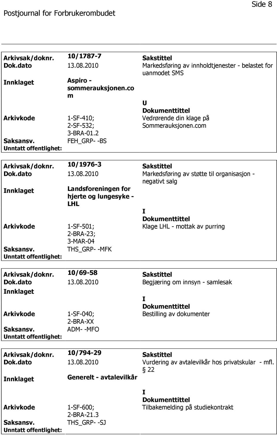 2010 Markedsføring av støtte til organisasjon - negativt salg nnklaget Landsforeningen for hjerte og lungesyke - LHL 1-SF-501; 2-BRA-23; 3-MAR-04 THS_GRP- -MFK Klage LHL - mottak av purring