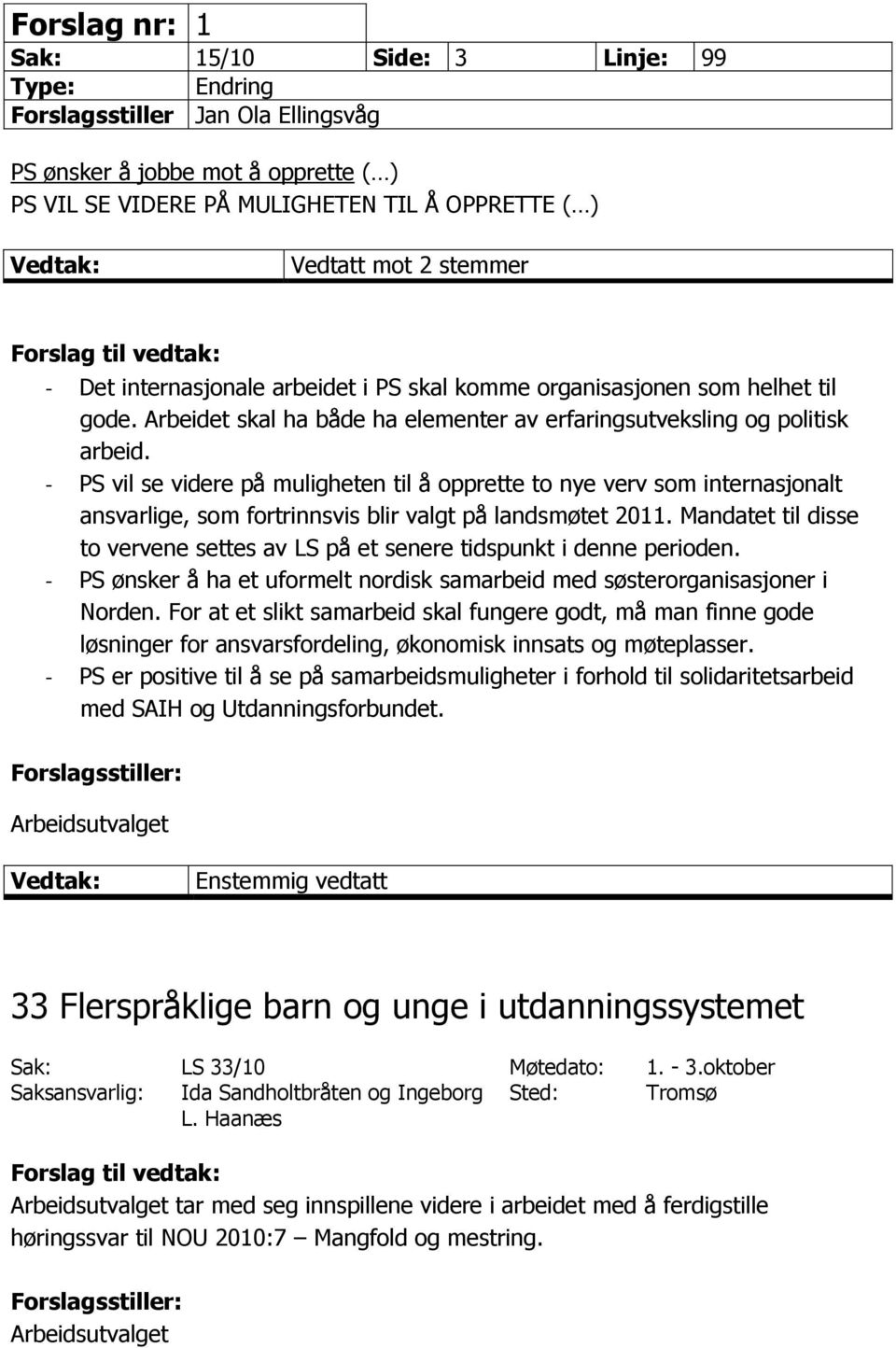 - PS vil se videre på muligheten til å opprette to nye verv som internasjonalt ansvarlige, som fortrinnsvis blir valgt på landsmøtet 2011.