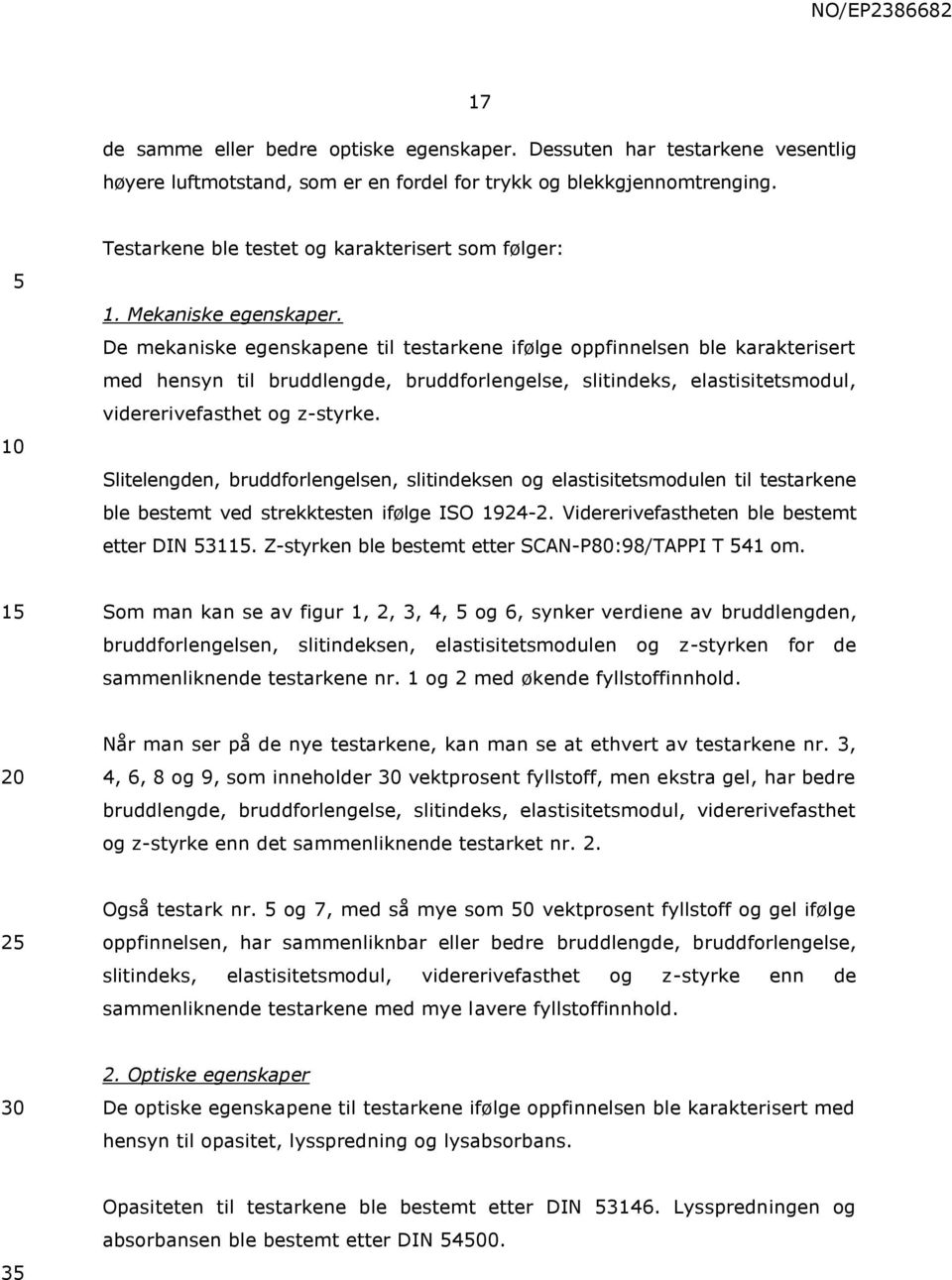 De mekaniske egenskapene til testarkene ifølge oppfinnelsen ble karakterisert med hensyn til bruddlengde, bruddforlengelse, slitindeks, elastisitetsmodul, vidererivefasthet og z-styrke.