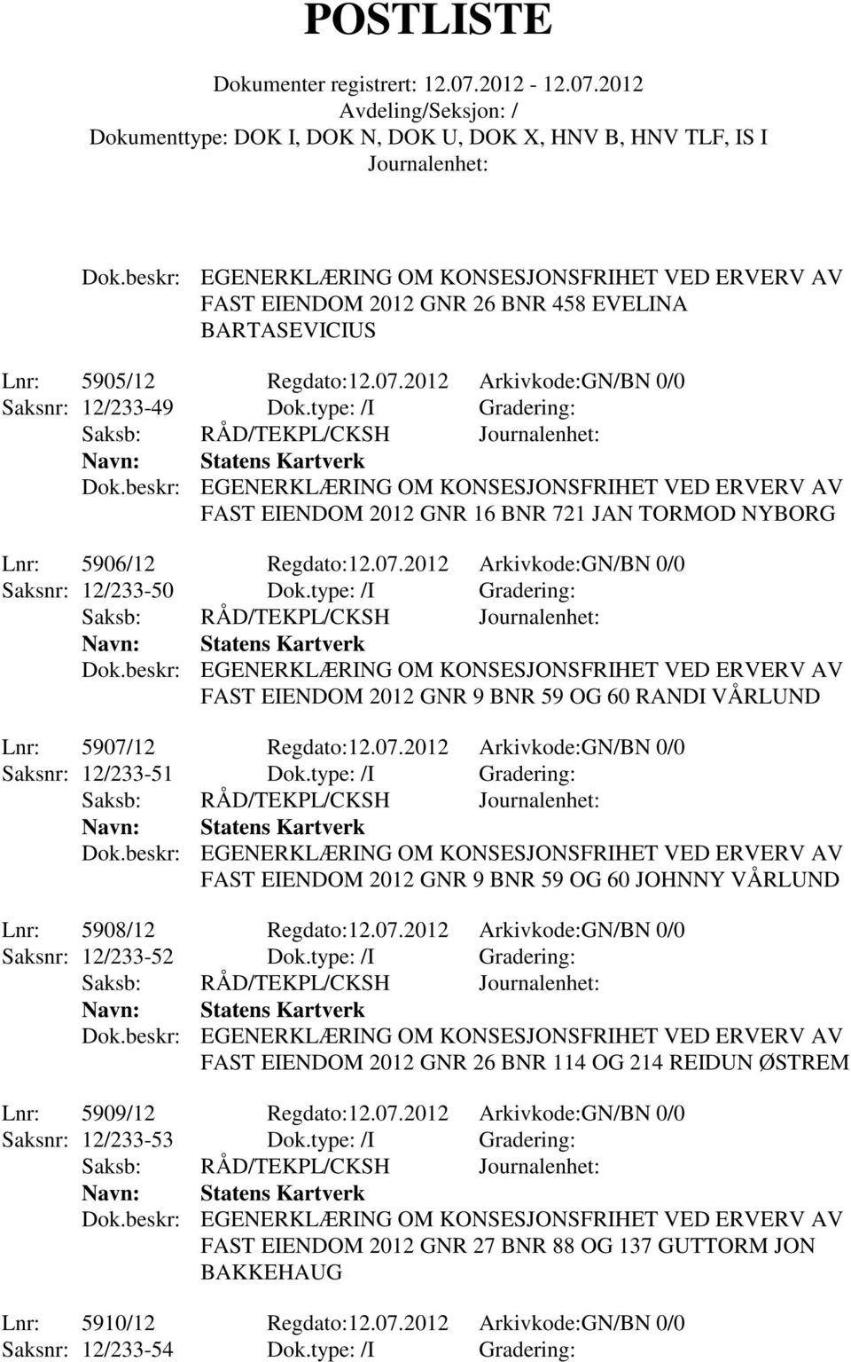 type: /I Gradering: FAST EIENDOM 2012 GNR 9 BNR 59 OG 60 RANDI VÅRLUND Lnr: 5907/12 Regdato:12.07.2012 Arkivkode:GN/BN 0/0 Saksnr: 12/233-51 Dok.