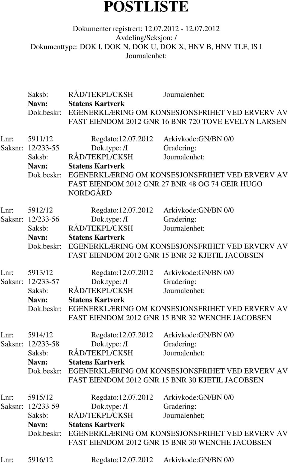 type: /I Gradering: FAST EIENDOM 2012 GNR 15 BNR 32 KJETIL JACOBSEN Lnr: 5913/12 Regdato:12.07.2012 Arkivkode:GN/BN 0/0 Saksnr: 12/233-57 Dok.