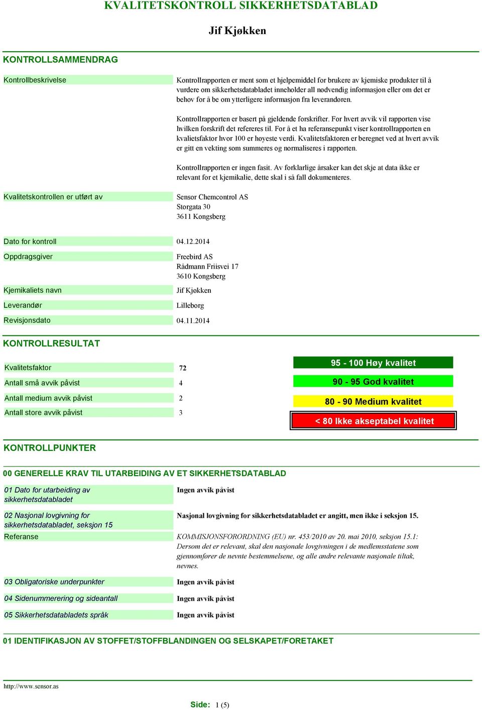 For å et ha referansepunkt viser kontrollrapporten en kvalietsfaktor hvor 100 er høyeste verdi.