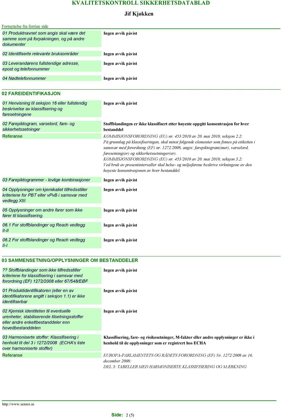 Stoffblandingen er ikke klassifisert etter høyeste oppgitt konsentrasjon for hver bestanddel KOMMISJONSFORORDNING (EU) nr. 453/2010 av 20. mai 2010, seksjon 2.