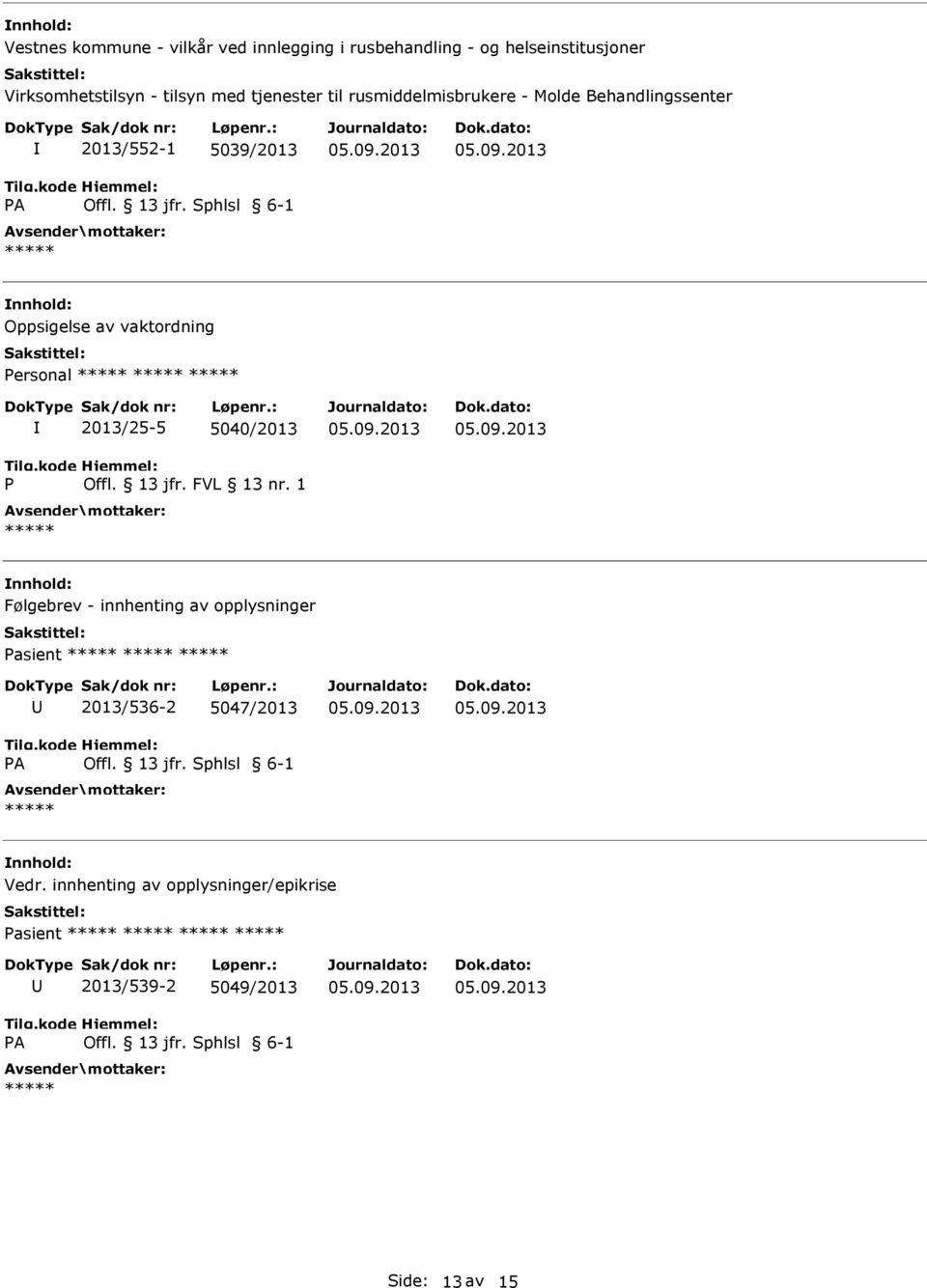 Sphlsl 6-1 Oppsigelse av vaktordning ersonal 2013/25-5 5040/2013 Følgebrev - innhenting av opplysninger asient A