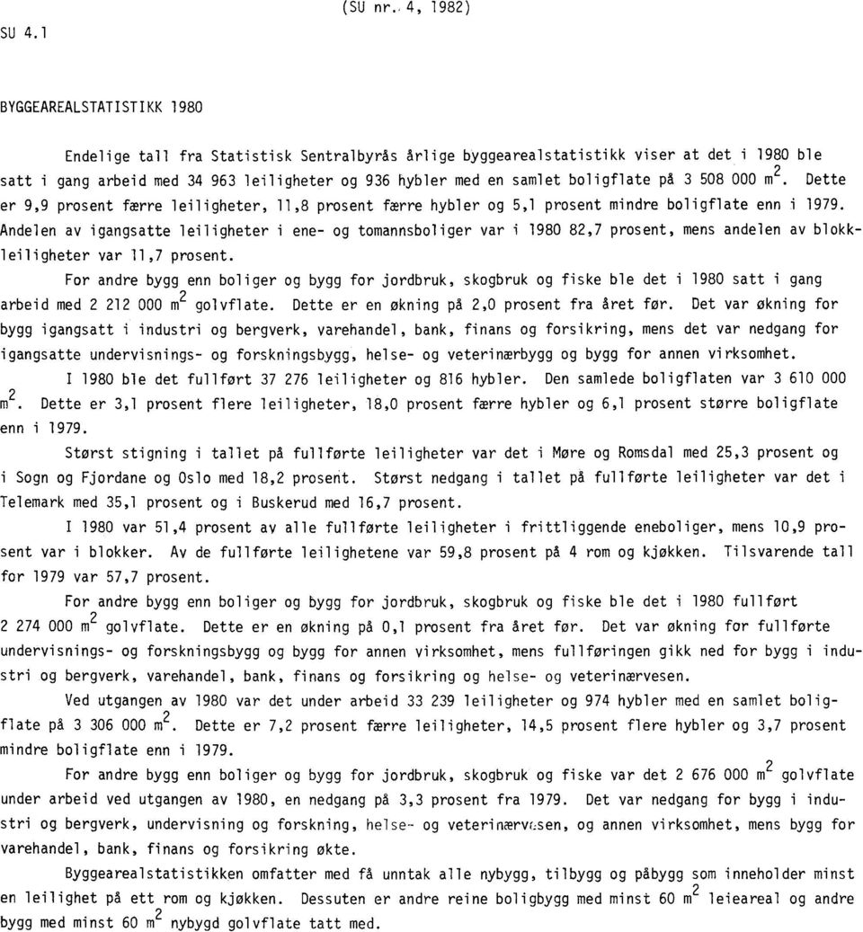 samlet boligflate på 3 508 000 m 2. Dette er 9,9 prosent færre leiligheter, 11,8 prosent færre hybler og 5,1 prosent mindre boligflate enn i 1979.