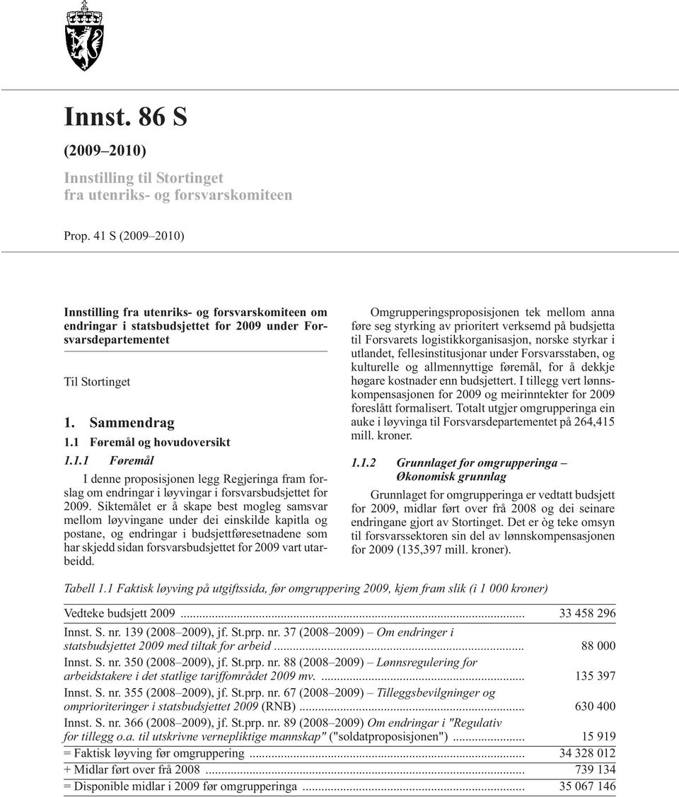 Siktemålet er å skape best mogleg samsvar mellom løyvingane under dei einskilde kapitla og postane, og endringar i budsjettføresetnadene som har skjedd sidan forsvarsbudsjettet for 2009 vart