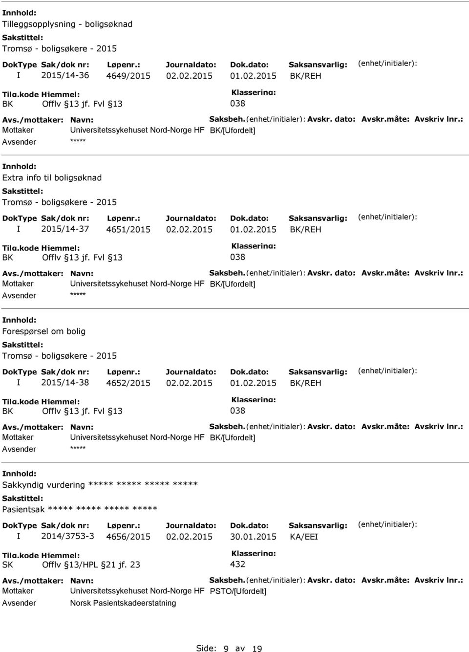 2015 BK/REH BK 038 Mottaker niversitetssykehuset Nord-Norge HF BK/[fordelt] ***** Forespørsel om bolig Tromsø - boligsøkere - 2015 2015/14-38 4652/2015 01.02.