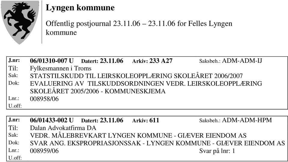 TILSKUDDSORDNINGEN VEDR. LEIRSKOLEOPPLÆRING SKOLEÅRET 2005/2006 - KOMMUNESKJEMA Lnr.: 008958/06 J.nr: 06/01433-002 U Datert: 23.11.