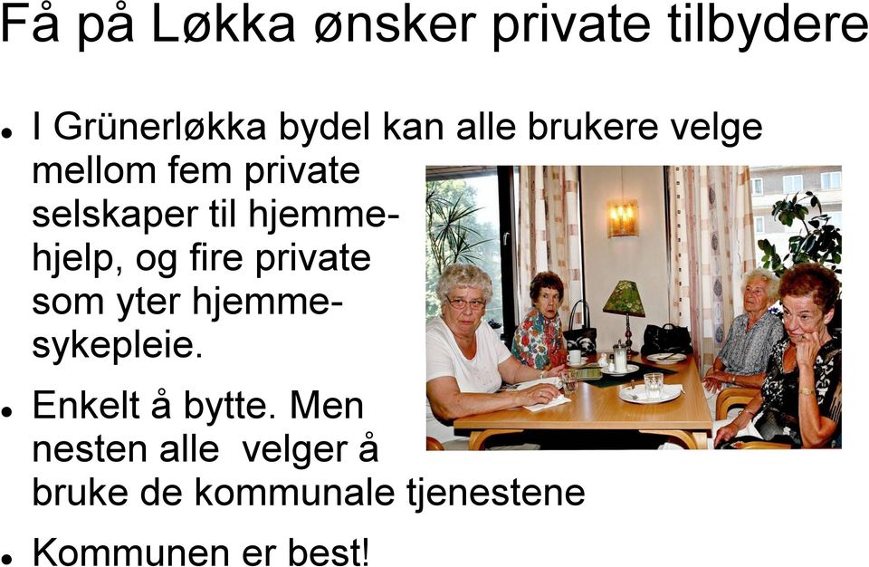 hjemmehjelp, og fire private som yter hjemmesykepleie.