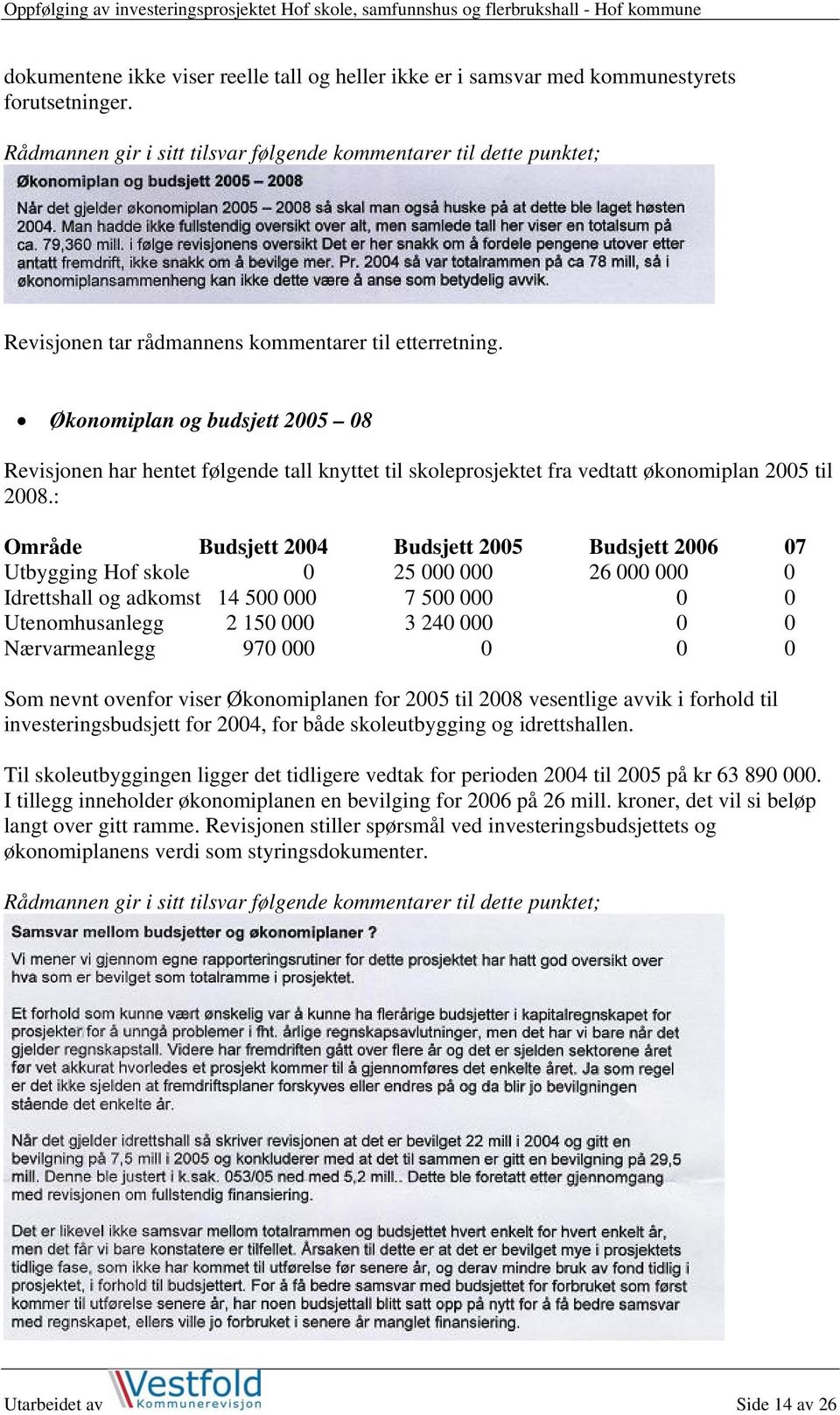 Økonomiplan og budsjett 2005 08 Revisjonen har hentet følgende tall knyttet til skoleprosjektet fra vedtatt økonomiplan 2005 til 2008.