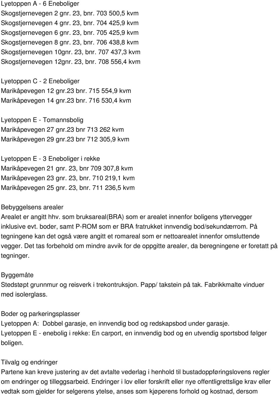 23 bnr 713 262 kvm Marikåpeveen 29 nr.23 bnr 712 305,9 kvm Lyetoppen E - 3 Enebolier i rekke Marikåpeveen 21 nr. 23, bnr 709 307,8 kvm Marikåpeveen 23 nr. 23, bnr. 710 219,1 kvm Marikåpeveen 25 nr.