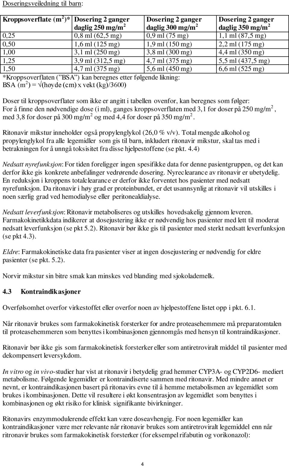 mg) 5,6 ml (450 mg) 6,6 ml (525 mg) *Kroppsoverflaten ( BSA ) kan beregnes etter følgende likning: BSA (m 2 ) = (høyde (cm) x vekt (kg)/3600) Doser til kroppsoverflater som ikke er angitt i tabellen