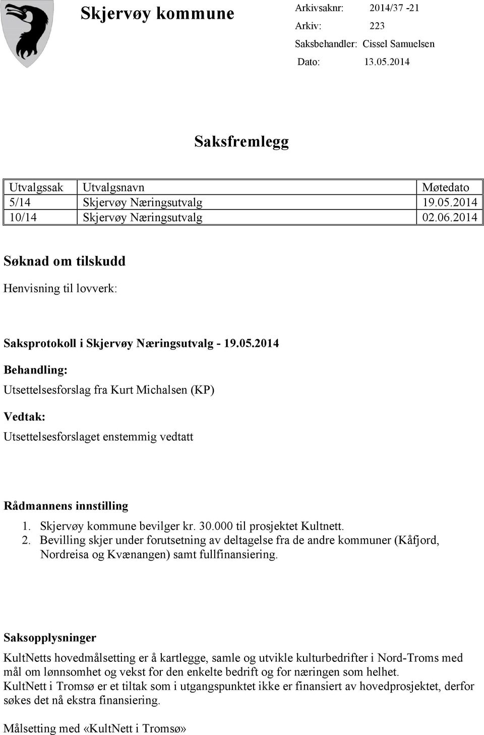 2014 Behandling: Utsettelsesforslag fra Kurt Michalsen (KP) Vedtak: Utsettelsesforslaget enstemmig vedtatt Rådmannens innstilling 1. Skjervøy kommune bevilger kr. 30.000 til prosjektet Kultnett. 2.