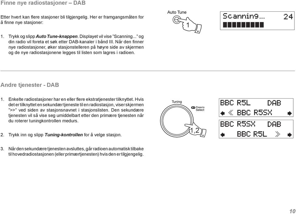 Når den finner nye radiostasjoner, øker stasjonstelleren på høyre side av skjermen og de nye radiostasjonene legges til listen som lagres i radioen. Andre tjenester - DAB.